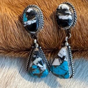 Native American Blue & Buffalo Turquoise and Silver Drop Earrings